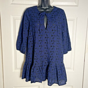 Eberjey Dress Women Large Blue Eyelet Lace Sardinia Tessa Swim Coverup Mini